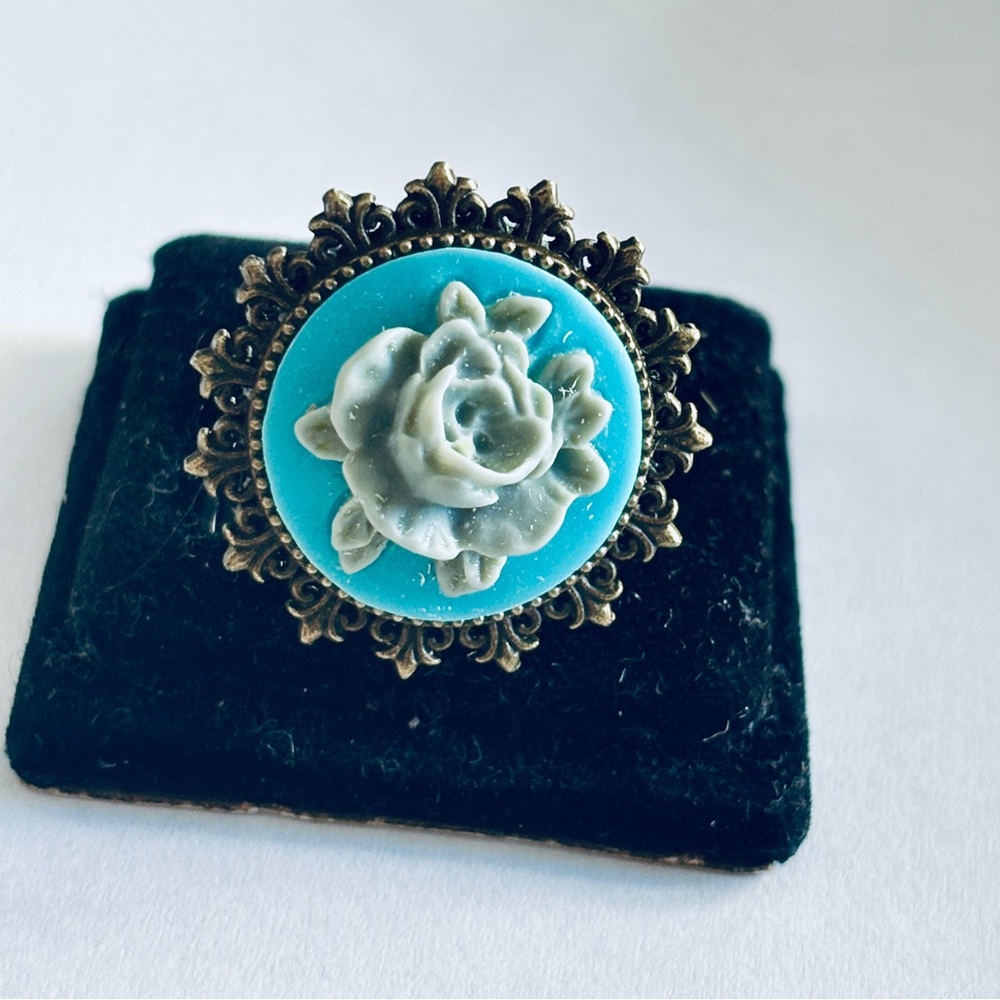 Blue and Grey Rose Cameo Handmade Adjustable Ring, NWT